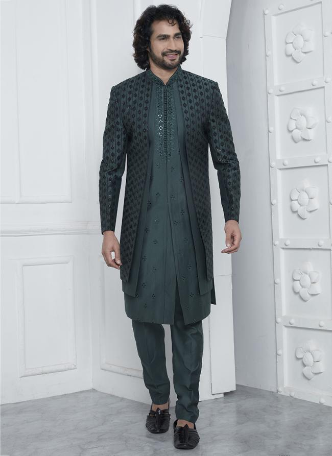 Art Silk Green Wedding Wear Embroidery Work Readymade Sherwani